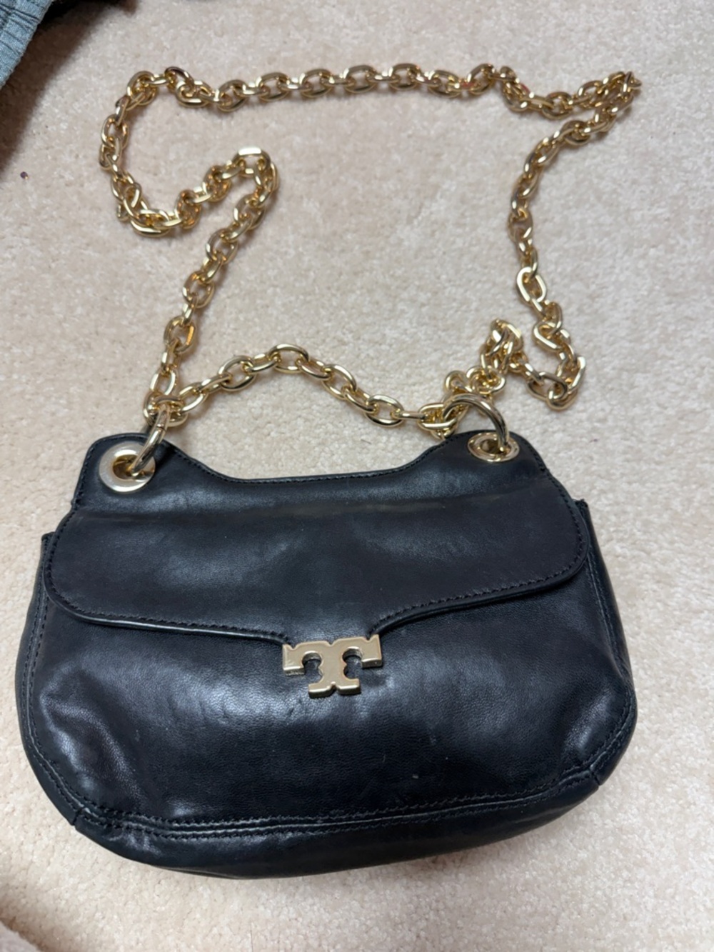 Tory Burch Black Leather Shoulder Bag with Gold Chain